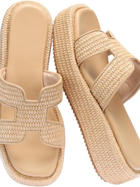 Raffia Platform Sandals for Women Slip-On Espadrille Wedges Slides, Flatform Woven Straw Summer Vacation Beach Shoes